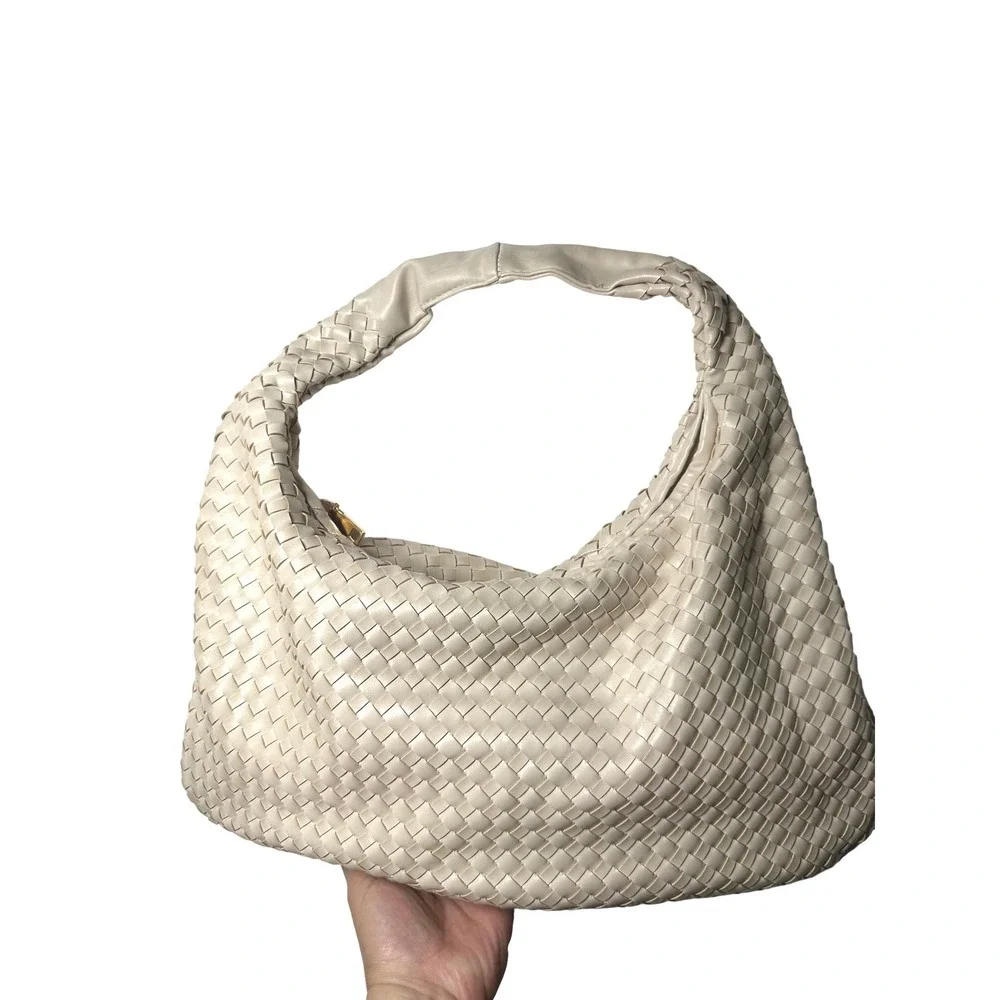 Urban Expressions Woven Vegan Leather Hobo Shoulder Bag Cream Slouchy Tote